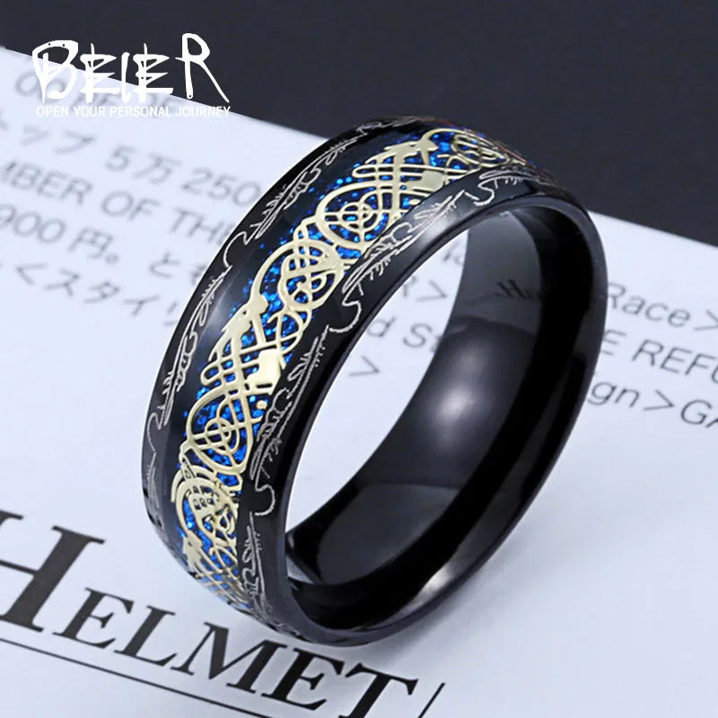 Beier 316L Stainless Steel Viking Runes Golden Dragon Man's Ring Blu-ray Simple Fashion High Quality Jewelry LLBR-R050R