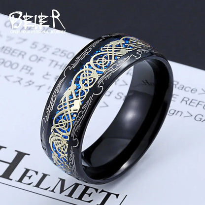 Beier 316L Stainless Steel Viking Runes Golden Dragon Man's Ring Blu-ray Simple Fashion High Quality Jewelry LLBR-R050R