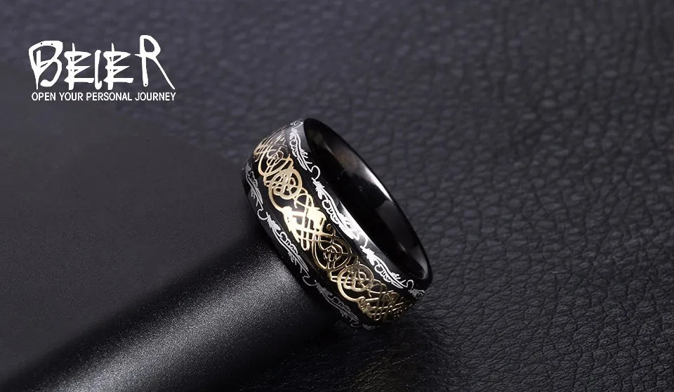 Beier 316L Stainless Steel Viking Runes Golden Dragon Man's Ring Blu-ray Simple Fashion High Quality Jewelry LLBR-R050R