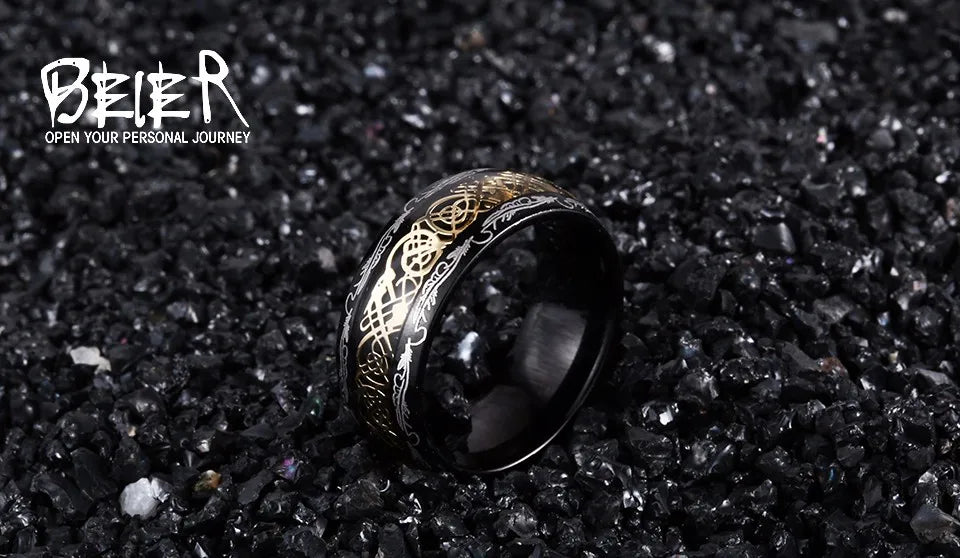 Beier 316L Stainless Steel Viking Runes Golden Dragon Man's Ring Blu-ray Simple Fashion High Quality Jewelry LLBR-R050R