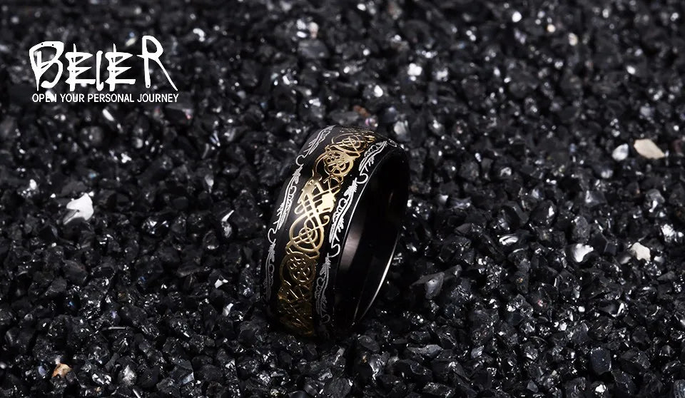 Beier 316L Stainless Steel Viking Runes Golden Dragon Man's Ring Blu-ray Simple Fashion High Quality Jewelry LLBR-R050R