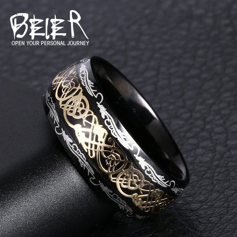 Beier 316L Stainless Steel Viking Runes Golden Dragon Man's Ring Blu-ray Simple Fashion High Quality Jewelry LLBR-R050R